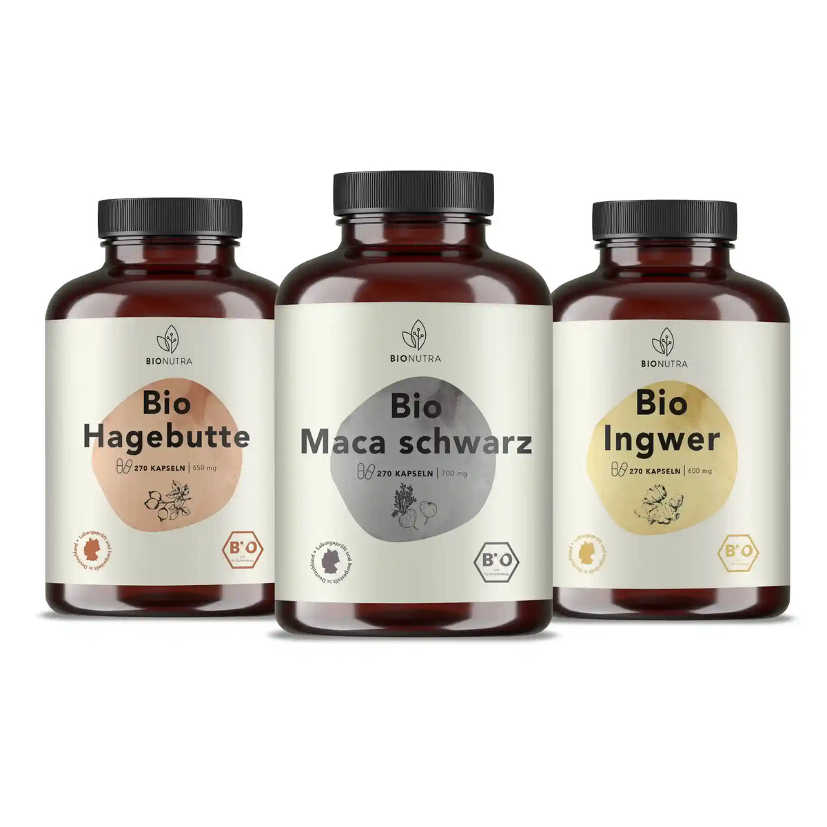 Manneskraft Paket enthält Bio Maca schwarz Kapseln, Bio Ingwer Kapseln, Bio Hagebutte Kapseln