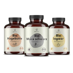 Manneskraft Paket enthält Bio Maca schwarz Kapseln, Bio Ingwer Kapseln, Bio Hagebutte Kapseln