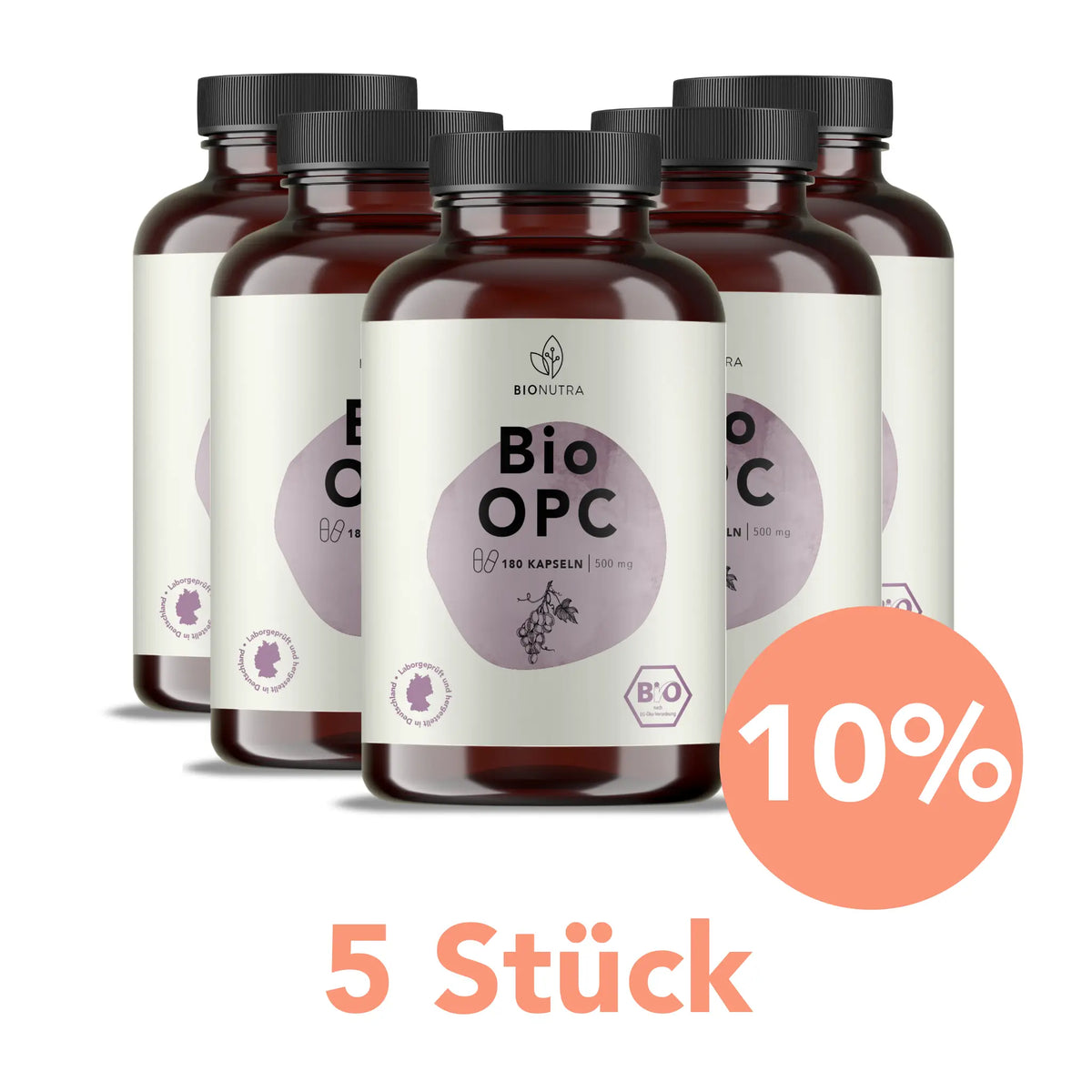 Vorratspackungen: 5er-bio opc kapseln à 180 Stück mit 10 % Rabatt ab 5 Stück, vegan und hochdosiert