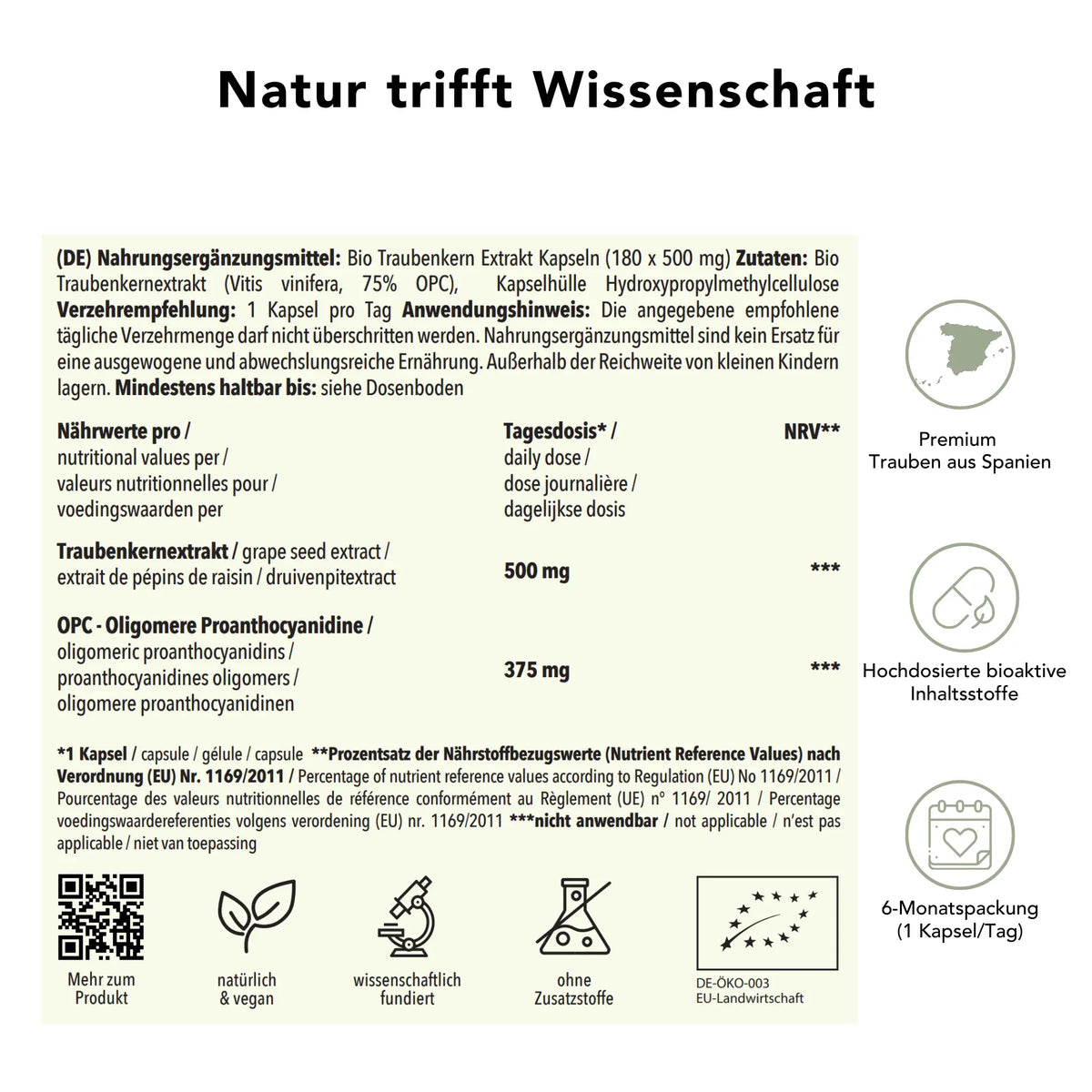 Produktinformation Bio OPC kapseln: Zutaten, Tagesdosis , Anwendungshinweise, Herkunft Spanien, ohne Zusatzstoffe, wissenschaftlich fundiert, vegan, 6-Monatspackung