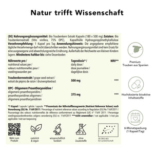 Produktinformation Bio OPC kapseln: Zutaten, Tagesdosis , Anwendungshinweise, Herkunft Spanien, ohne Zusatzstoffe, wissenschaftlich fundiert, vegan, 6-Monatspackung