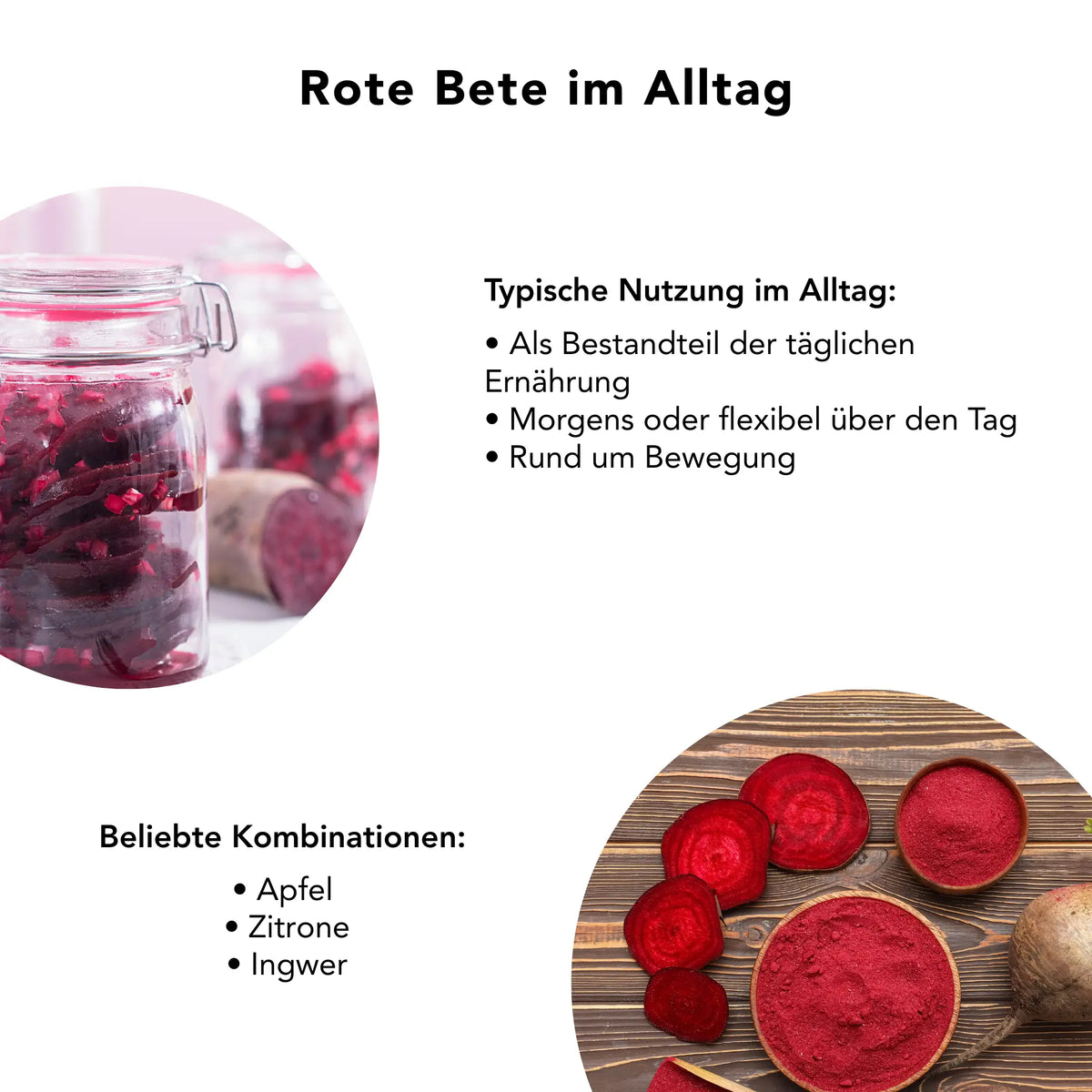 Infografik zur Verwendung von Rote-Bete-Kapseln im Alltag mit Hinweisen zu Einnahmezeitpunkten und typischen Kombinationen wie Apfel, Zitrone und Ingwer