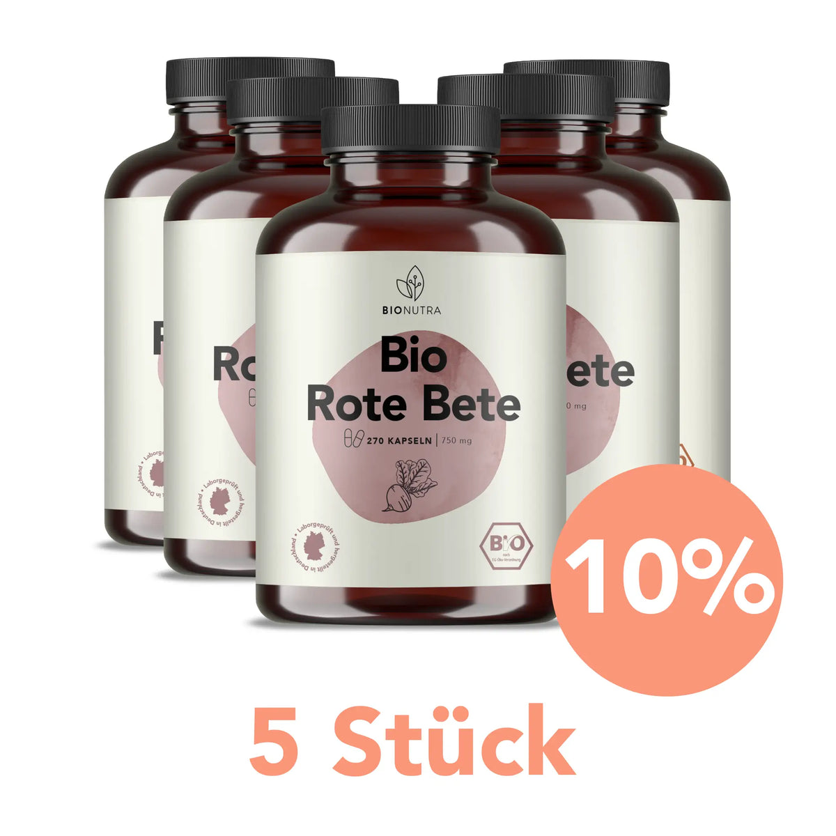 Vorratspackungen: 5er-bio rote bete kapseln à 270 Stück mit 10 % Rabatt ab 5 Stück, vegan und hochdosiert