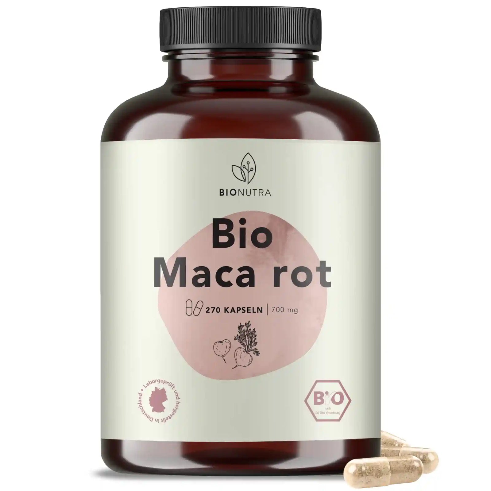 Bio rote maca Kapseln – hochdosiert, 270 Stück in PET-Dose, vegane HPMC-Kapseln
