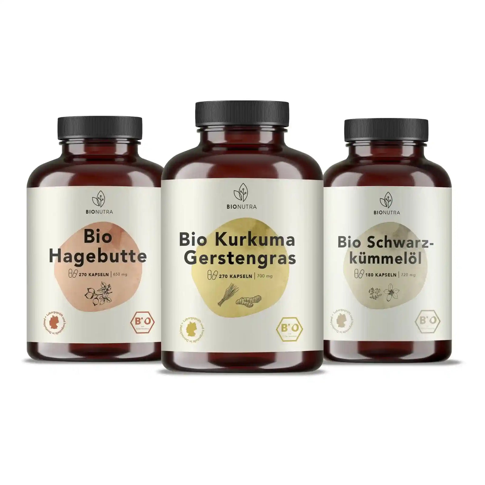 Schönheit und Vitalität Set enthält Bio Kurkuma Gerstengras Kapseln, Bio Hagebutte Kapseln, Bio Schwarzkümmelöl Kapseln