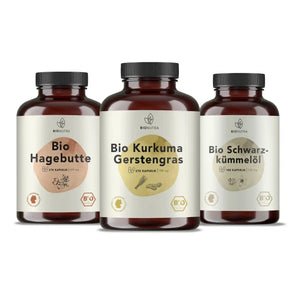 Schönheit und Vitalität Set enthält Bio Kurkuma Gerstengras Kapseln, Bio Hagebutte Kapseln, Bio Schwarzkümmelöl Kapseln