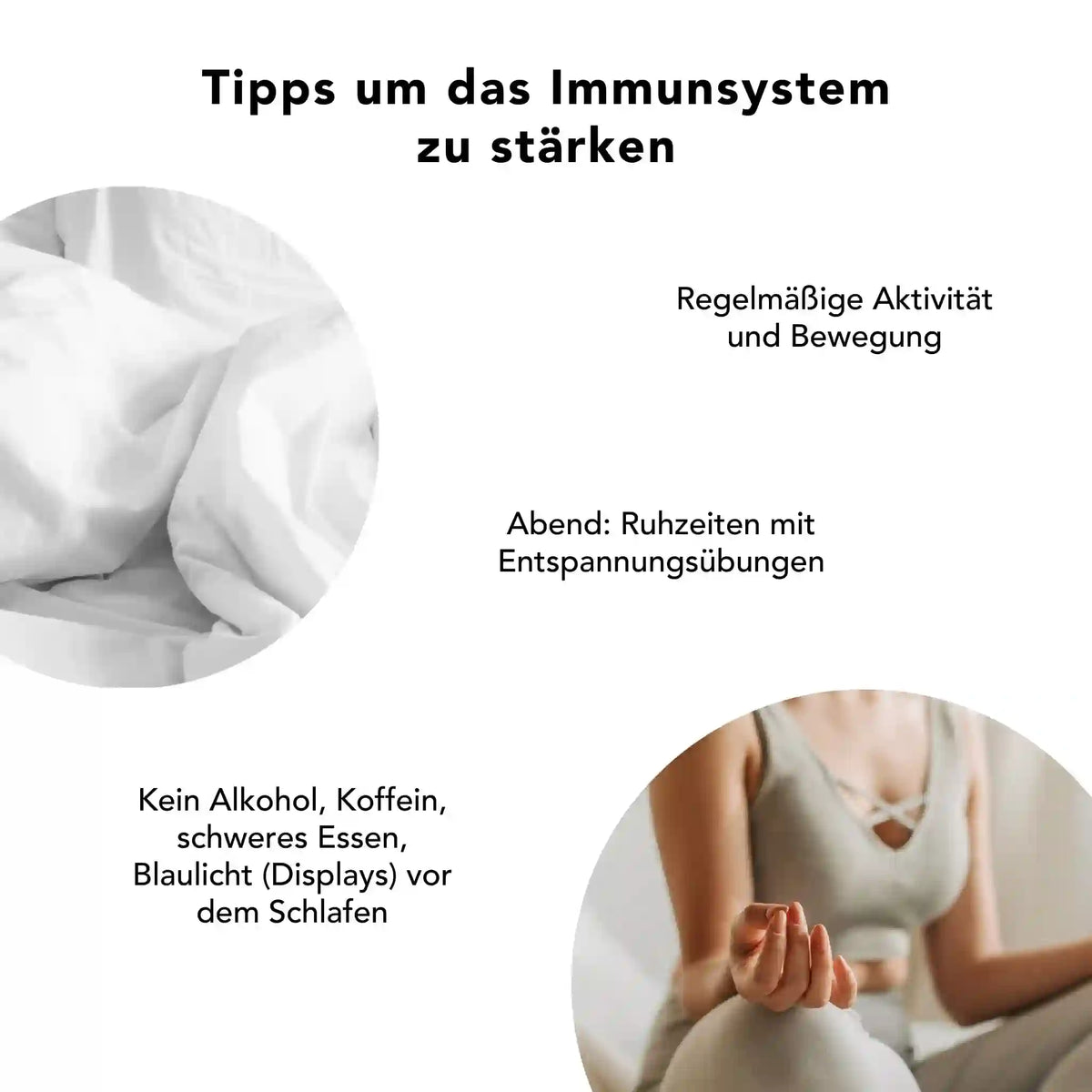tipps zur Stärkung des Immunsystems: regelmäßige Bewegung, ausreichend Schlaf, Entspannungsübungen am Abend und Verzicht auf Alkohol, Koffein und Blaulicht – ergänzend mit Reishi Kapseln zur ganzheitlichen Unterstützung